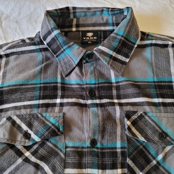 Yago Plaid Flannel Shirt Jacket Mens 3XL Casual Button Up Gray White Aqua Blue - Picture 2 of 6
